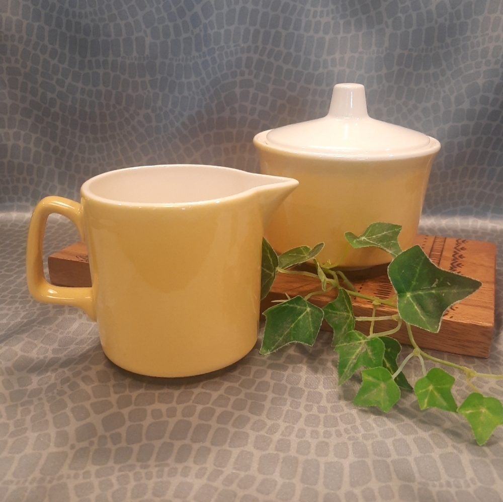 Vintage Mid Century Sugar Creamer Set ~ Yellow w/ White Interior & Lid